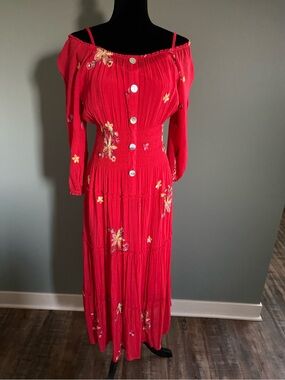 🌺 Fig and Flower Coral Embroidered Boho Midi Dress Plus PL